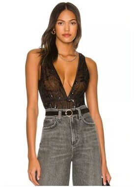 Bluebella Revolve Black Lace Bodysuit Sequin Plunge Sheer Mesh Medium M